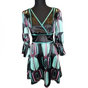 Bisou Bisou XS Retro Geometric Mini Dress Bell Sleeve Y2K 70s Vibes M190